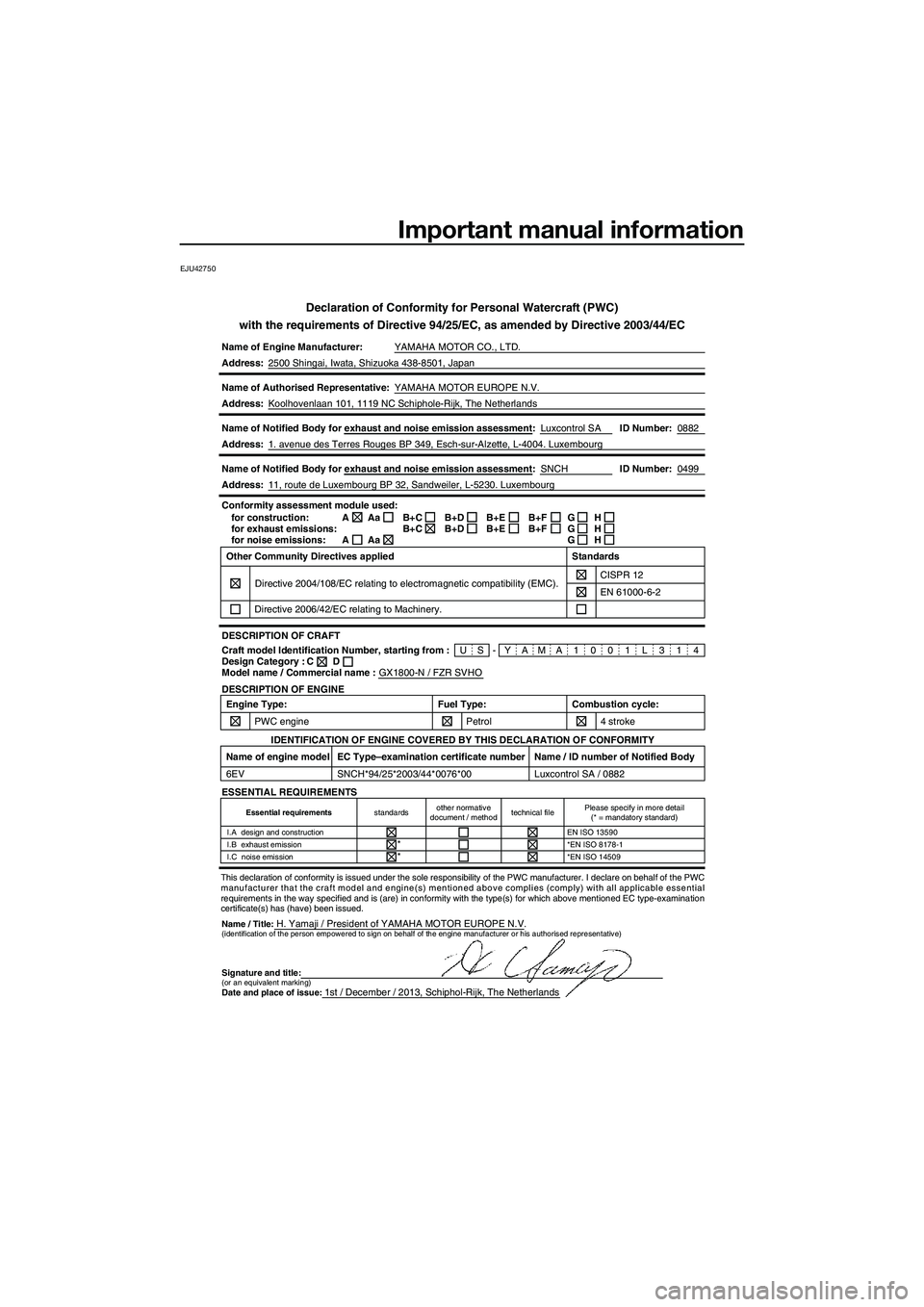 YAMAHA FZR SVHO 2014  Owners Manual Important manual information
EJU42750
Declaration of Conformity for Personal Watercraft (PWC)
with the requirements of Directive 94/25/EC, as amended by Directive 200\
3/44/EC
Name of Engine Manufactu