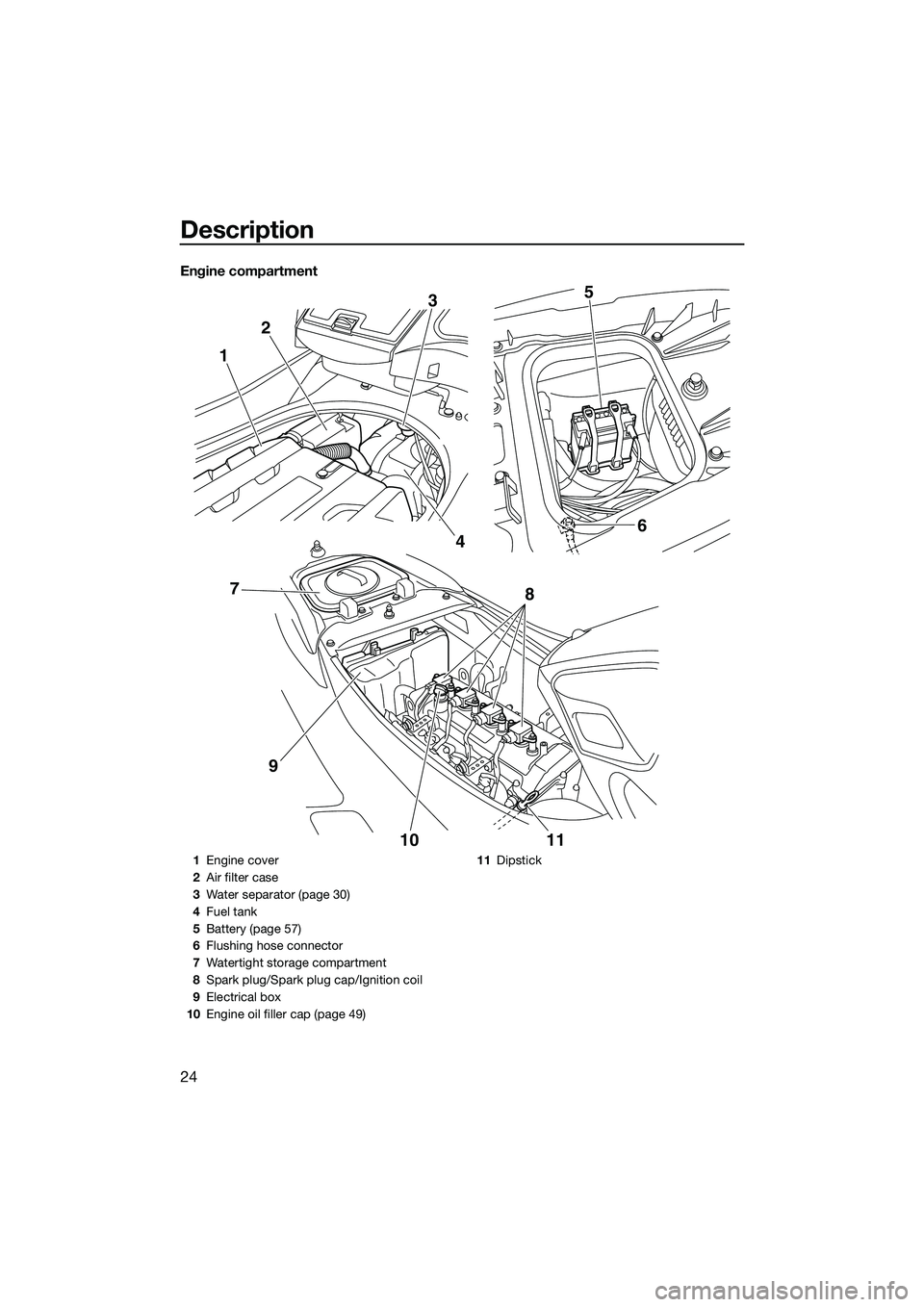 YAMAHA FZR SVHO 2014 Owners Manual Description
24
Engine compartment
12
3
4 6
5
10 11
8
97
1 Engine cover
2 Air filter case
3 Water separator (page 30)
4 Fuel tank
5 Battery (page 57)
6 Flushing hose connector
7 Watertight storage comp YAMAHA FZR SVHO 2014 Owners Manual Description
24
Engine compartment
12
3
4 6
5
10 11
8
97
1 Engine cover
2 Air filter case
3 Water separator (page 30)
4 Fuel tank
5 Battery (page 57)
6 Flushing hose connector
7 Watertight storage comp