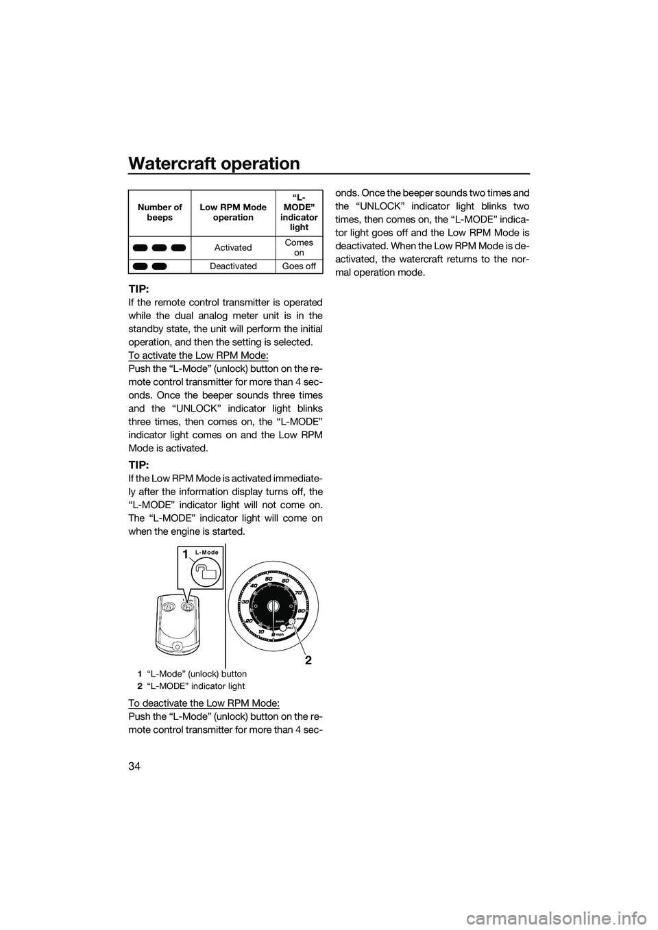 YAMAHA FZR SVHO 2014 Owners Guide Watercraft operation
34
TIP:
If the remote control transmitter is operated
while the dual analog meter unit is in the
standby state, the unit will perform the initial
operation, and then the setting i YAMAHA FZR SVHO 2014 Owners Guide Watercraft operation
34
TIP:
If the remote control transmitter is operated
while the dual analog meter unit is in the
standby state, the unit will perform the initial
operation, and then the setting i