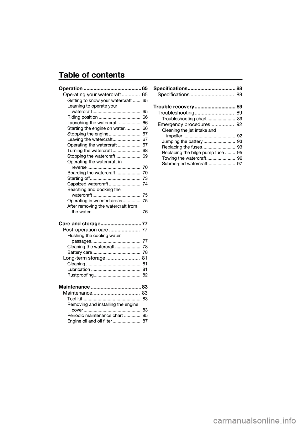 YAMAHA FZR SVHO 2014  Owners Manual Table of contents
Operation ......................................... 65Operating your watercraft .............  65
Getting to know your watercraft ......  65
Learning to operate your 
watercraft ....