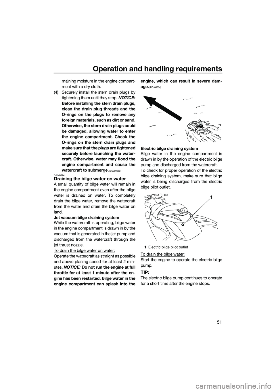YAMAHA FZR SVHO 2014 User Guide Operation and handling requirements
51
maining moisture in the engine compart-
ment with a dry cloth.
(4) Securely install the stern drain plugs by tightening them until they stop.  NOTICE:
Before ins