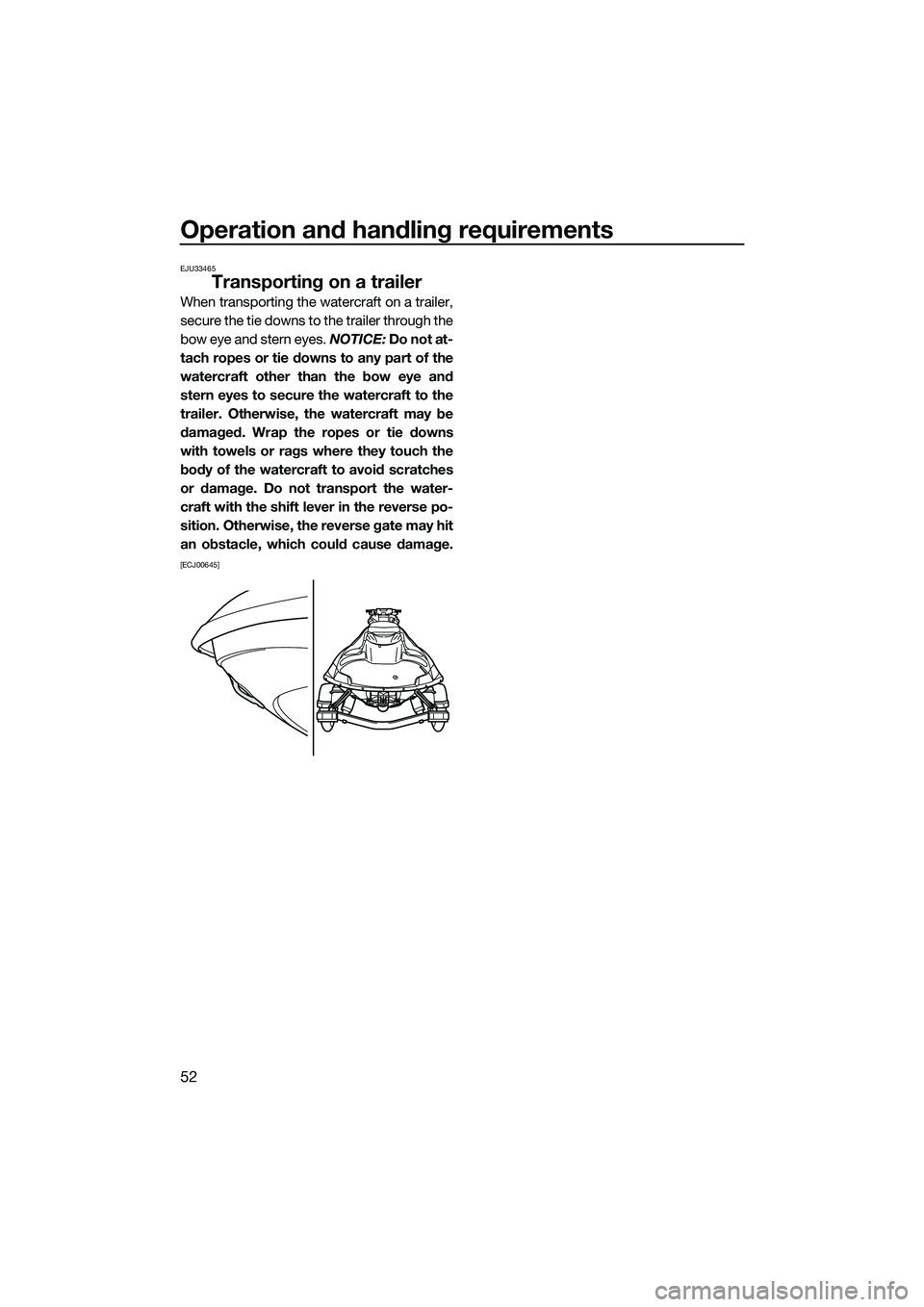 YAMAHA FZR SVHO 2014 Workshop Manual Operation and handling requirements
52
EJU33465
Transporting on a trailer
When transporting the watercraft on a trailer,
secure the tie downs to the trailer through the
bow eye and stern eyes. NOTICE: YAMAHA FZR SVHO 2014 Workshop Manual Operation and handling requirements
52
EJU33465
Transporting on a trailer
When transporting the watercraft on a trailer,
secure the tie downs to the trailer through the
bow eye and stern eyes. NOTICE: