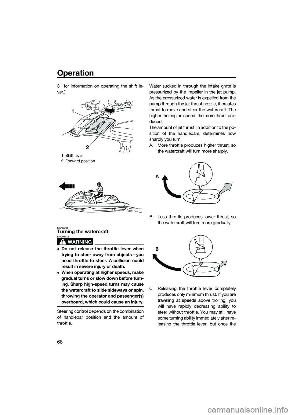 YAMAHA FZR SVHO 2014 Manual PDF Operation
68
31 for information on operating the shift le-
ver.)
EJU33255Turning the watercraft
WARNING
EWJ00772
Do not release the throttle lever when
trying to steer away from objects—you
need YAMAHA FZR SVHO 2014 Manual PDF Operation
68
31 for information on operating the shift le-
ver.)
EJU33255Turning the watercraft
WARNING
EWJ00772
Do not release the throttle lever when
trying to steer away from objects—you
need