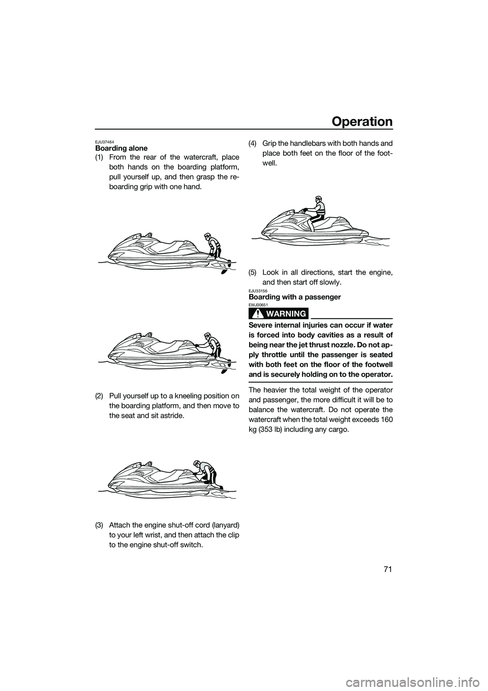 YAMAHA FZR SVHO 2014 Manual PDF Operation
71
EJU37464Boarding alone
(1) From the rear of the watercraft, placeboth hands on the boarding platform,
pull yourself up, and then grasp the re-
boarding grip with one hand.
(2) Pull yourse YAMAHA FZR SVHO 2014 Manual PDF Operation
71
EJU37464Boarding alone
(1) From the rear of the watercraft, placeboth hands on the boarding platform,
pull yourself up, and then grasp the re-
boarding grip with one hand.
(2) Pull yourse