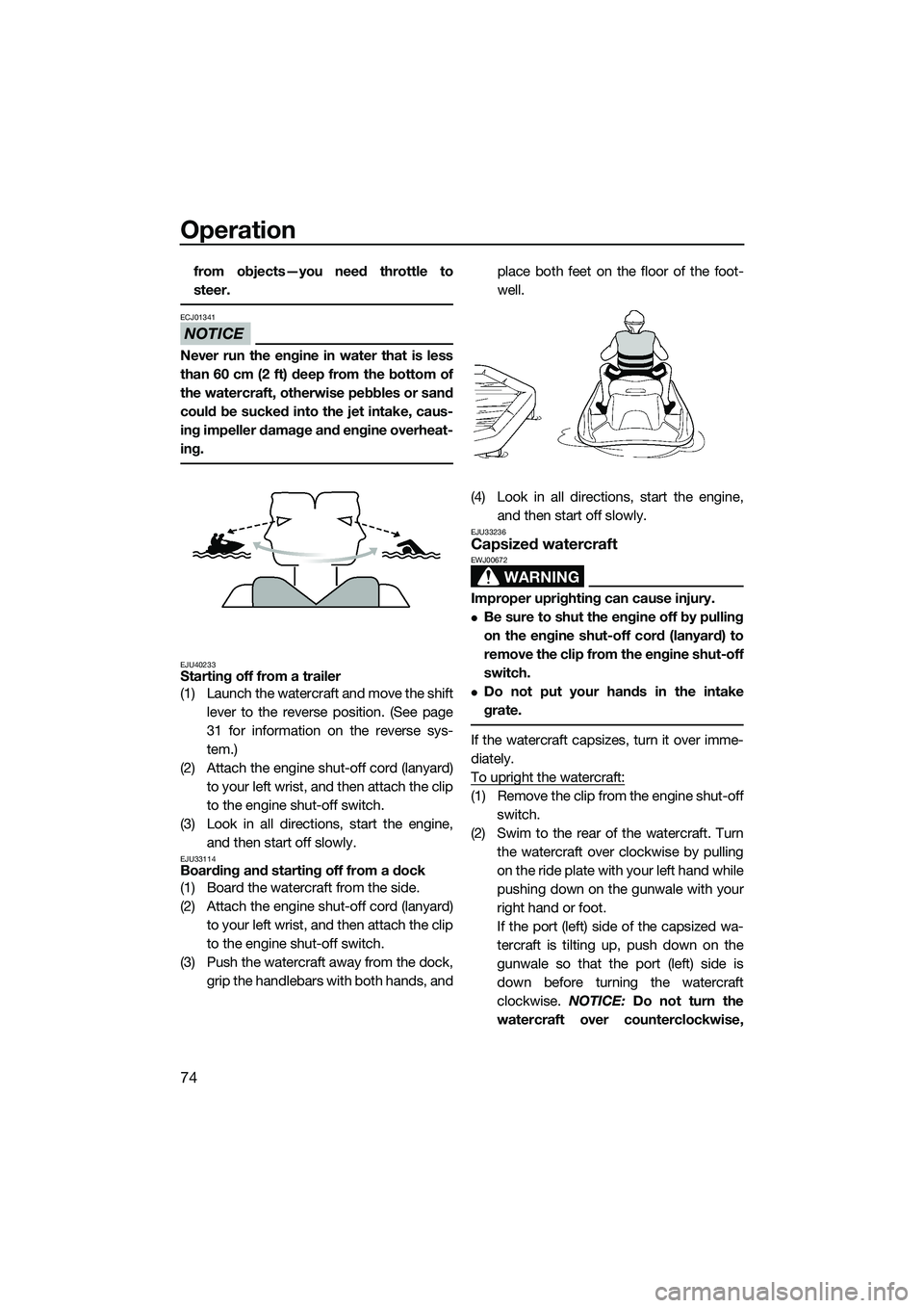 YAMAHA FZR SVHO 2014  Owners Manual Operation
74
from objects—you need throttle to
steer.
NOTICE
ECJ01341
Never run the engine in water that is less
than 60 cm (2 ft) deep from the bottom of
the watercraft, otherwise pebbles or sand
c
