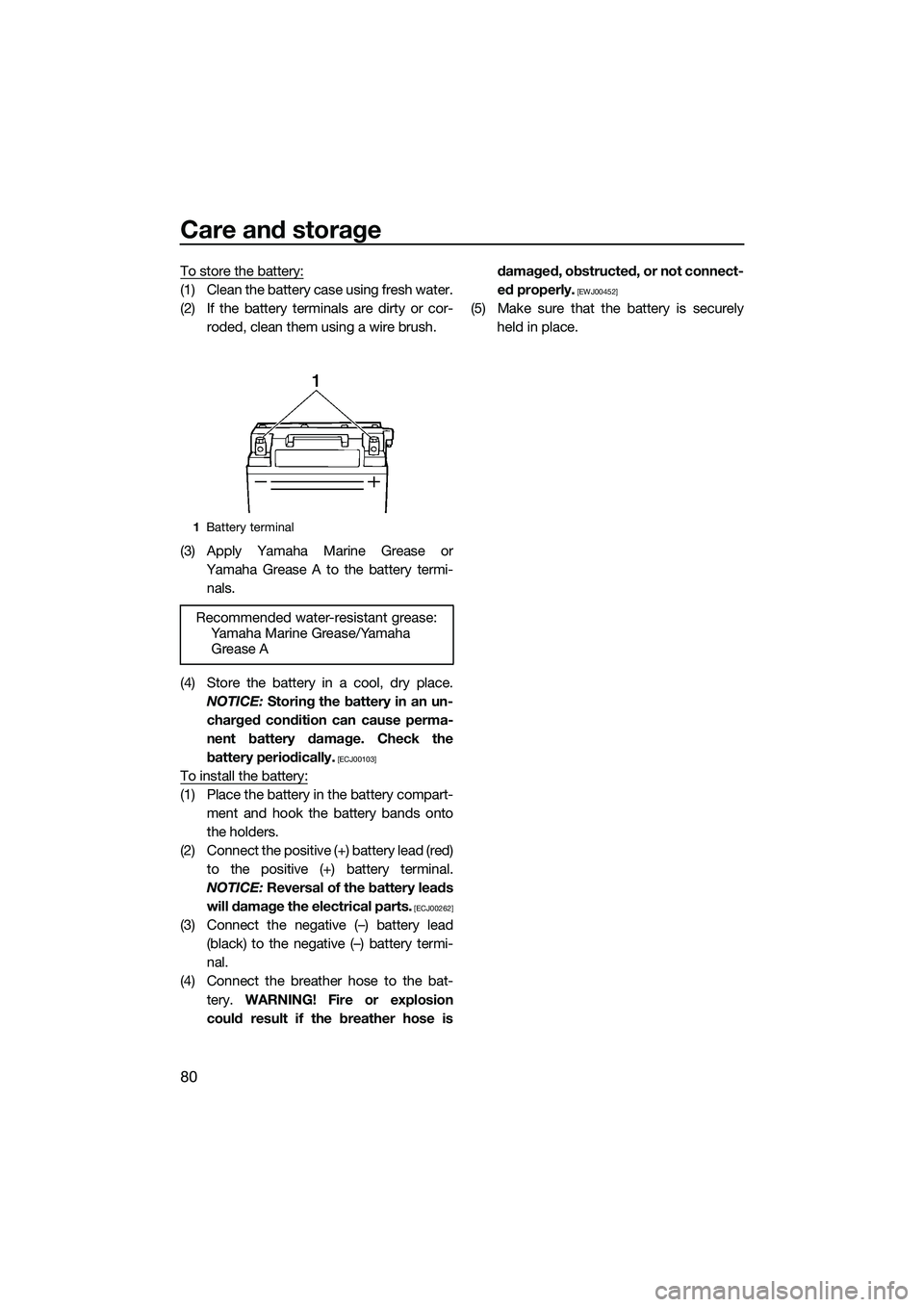 YAMAHA FZR SVHO 2014 Manual Online Care and storage
80
To store the battery:
(1) Clean the battery case using fresh water.
(2) If the battery terminals are dirty or cor-roded, clean them using a wire brush.
(3) Apply Yamaha Marine Grea YAMAHA FZR SVHO 2014 Manual Online Care and storage
80
To store the battery:
(1) Clean the battery case using fresh water.
(2) If the battery terminals are dirty or cor-roded, clean them using a wire brush.
(3) Apply Yamaha Marine Grea