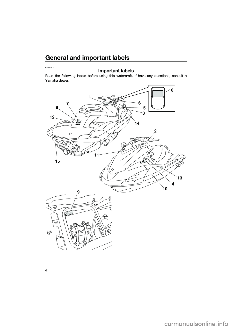 YAMAHA FZR SVHO 2014 Owners Manual General and important labels
4
EJU30453
Important labels
Read the following labels before using this watercraft. If have any questions, consult a
Yamaha dealer.
1
5
4
10
6
8 7
12
15 11
13
2
9
16
3
14
YAMAHA FZR SVHO 2014 Owners Manual General and important labels
4
EJU30453
Important labels
Read the following labels before using this watercraft. If have any questions, consult a
Yamaha dealer.
1
5
4
10
6
8 7
12
15 11
13
2
9
16
3
14