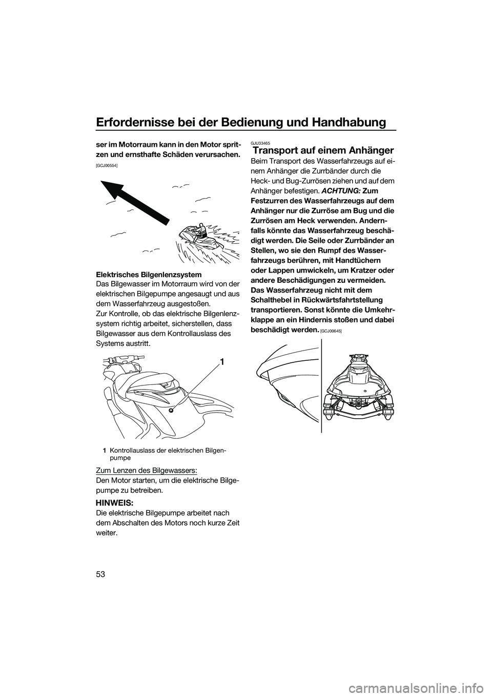 YAMAHA FZR SVHO 2014  Betriebsanleitungen (in German) Erfordernisse bei der Bedienung und Handhabung
53
ser im Motorraum kann in den Motor sprit-
zen und ernsthafte Schäden verursachen.
 
[GCJ00554]
Elektrisches Bilgenlenzsystem
Das Bilgewasser im Motor