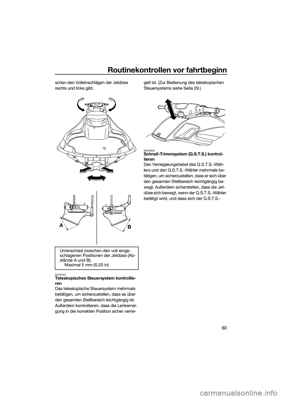 YAMAHA FZR SVHO 2014 Betriebsanleitungen (in German) Routinekontrollen vor fahrtbeginn
60
schen den Volleinschlägen der Jetdüse
rechts und links gibt.
GJU41321Teleskopisches Steuersystem kontrollie-
ren
Das teleskopische Steuersystem mehrmals
betät YAMAHA FZR SVHO 2014 Betriebsanleitungen (in German) Routinekontrollen vor fahrtbeginn
60
schen den Volleinschlägen der Jetdüse
rechts und links gibt.
GJU41321Teleskopisches Steuersystem kontrollie-
ren
Das teleskopische Steuersystem mehrmals
betät