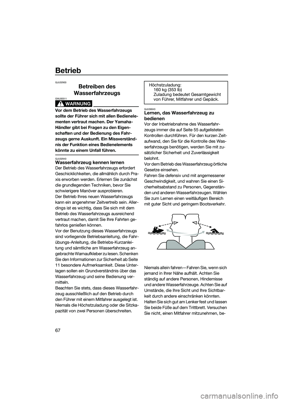 YAMAHA FZR SVHO 2014 Betriebsanleitungen (in German) Betrieb
67
GJU32903
Betreiben des
Wasserfahrzeugs
WARNUNG
GWJ00511
Vor dem Betrieb des Wasserfahrzeugs
sollte der Führer sich mit allen Bedienele-
menten vertraut machen. Der Yamaha-
Händler gibt YAMAHA FZR SVHO 2014 Betriebsanleitungen (in German) Betrieb
67
GJU32903
Betreiben des
Wasserfahrzeugs
WARNUNG
GWJ00511
Vor dem Betrieb des Wasserfahrzeugs
sollte der Führer sich mit allen Bedienele-
menten vertraut machen. Der Yamaha-
Händler gibt
