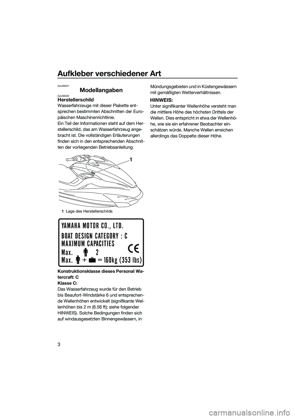 YAMAHA FZR SVHO 2014 Betriebsanleitungen (in German) Aufkleber verschiedener Art
3
GJU30321
ModellangabenGJU30332Herstellerschild
Wasserfahrzeuge mit dieser Plakette ent-
sprechen bestimmten Abschnitten der Euro-
päischen Maschinenrichtlinie.
Ein Teil YAMAHA FZR SVHO 2014 Betriebsanleitungen (in German) Aufkleber verschiedener Art
3
GJU30321
ModellangabenGJU30332Herstellerschild
Wasserfahrzeuge mit dieser Plakette ent-
sprechen bestimmten Abschnitten der Euro-
päischen Maschinenrichtlinie.
Ein Teil