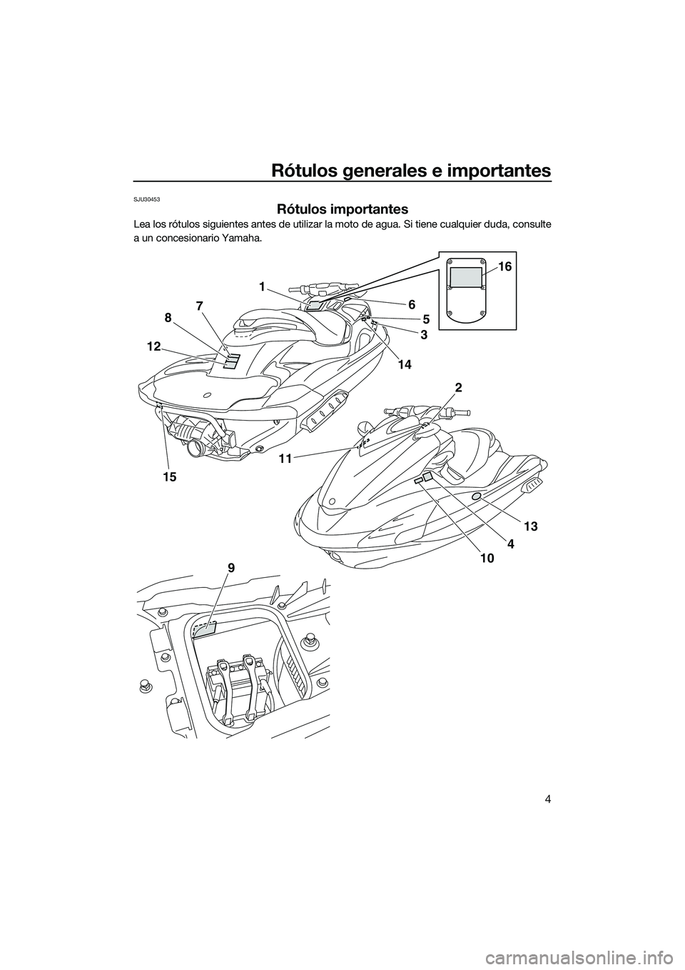 YAMAHA FZR SVHO 2014 Manuale de Empleo (in Spanish) Rótulos generales e importantes
4
SJU30453
Rótulos importantes
Lea los rótulos siguientes antes de utilizar la moto de agua. Si tiene cualquier duda, consulte
a un concesionario Yamaha.
15
4
10
6
8 YAMAHA FZR SVHO 2014 Manuale de Empleo (in Spanish) Rótulos generales e importantes
4
SJU30453
Rótulos importantes
Lea los rótulos siguientes antes de utilizar la moto de agua. Si tiene cualquier duda, consulte
a un concesionario Yamaha.
15
4
10
6
8