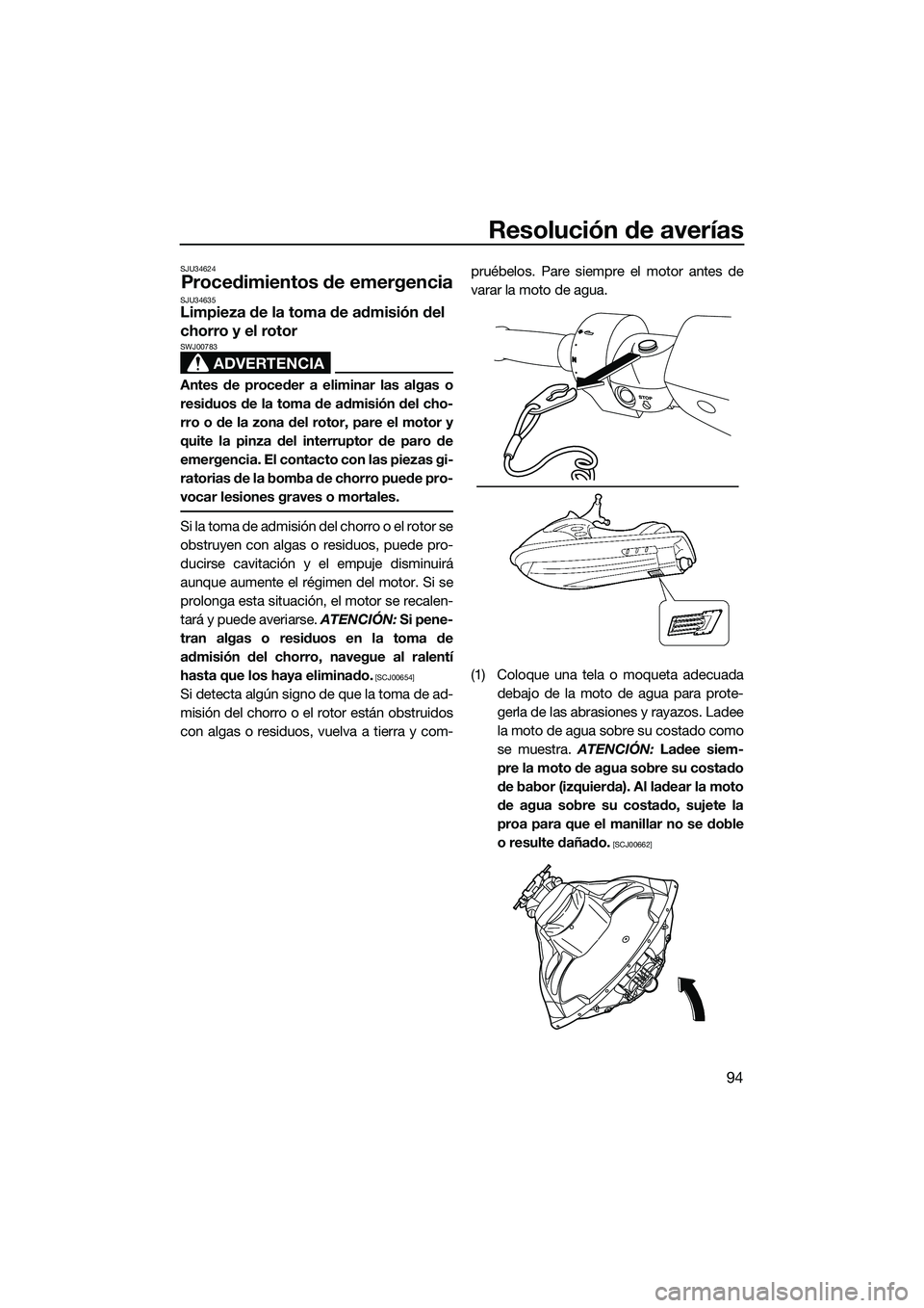 YAMAHA FZR SVHO 2014 Manuale de Empleo (in Spanish) Resolución de averías
94
SJU34624
Procedimientos de emergenciaSJU34635Limpieza de la toma de admisión del
chorro y el rotor
ADVERTENCIA
SWJ00783
Antes de proceder a eliminar las algas o
residuos d YAMAHA FZR SVHO 2014 Manuale de Empleo (in Spanish) Resolución de averías
94
SJU34624
Procedimientos de emergenciaSJU34635Limpieza de la toma de admisión del
chorro y el rotor
ADVERTENCIA
SWJ00783
Antes de proceder a eliminar las algas o
residuos d