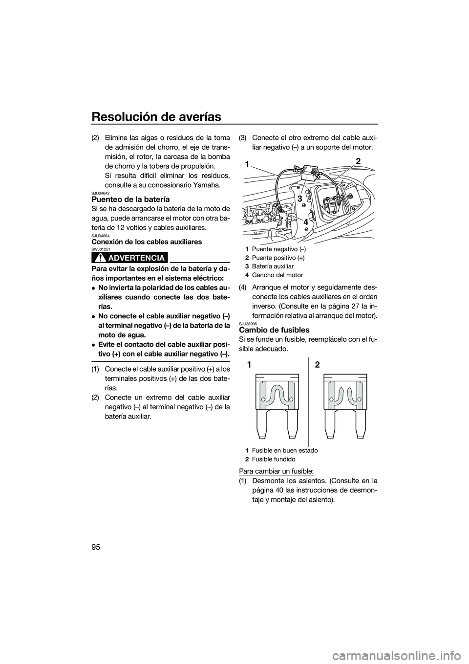 YAMAHA FZR SVHO 2014 Manuale de Empleo (in Spanish) Resolución de averías
95
(2) Elimine las algas o residuos de la tomade admisión del chorro, el eje de trans-
misión, el rotor, la carcasa de la bomba
de chorro y la tobera de propulsión.
Si resul YAMAHA FZR SVHO 2014 Manuale de Empleo (in Spanish) Resolución de averías
95
(2) Elimine las algas o residuos de la tomade admisión del chorro, el eje de trans-
misión, el rotor, la carcasa de la bomba
de chorro y la tobera de propulsión.
Si resul