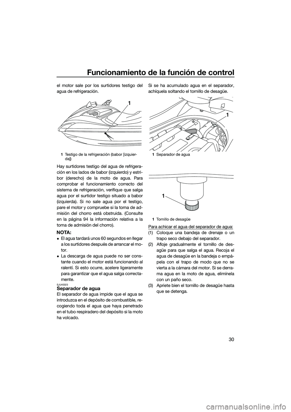 YAMAHA FZR SVHO 2014 Manuale de Empleo (in Spanish) Funcionamiento de la función de control
30
el motor sale por los surtidores testigo del
agua de refrigeración.
Hay surtidores testigo del agua de refrigera-
ción en los lados de babor (izquierdo) y YAMAHA FZR SVHO 2014 Manuale de Empleo (in Spanish) Funcionamiento de la función de control
30
el motor sale por los surtidores testigo del
agua de refrigeración.
Hay surtidores testigo del agua de refrigera-
ción en los lados de babor (izquierdo) y