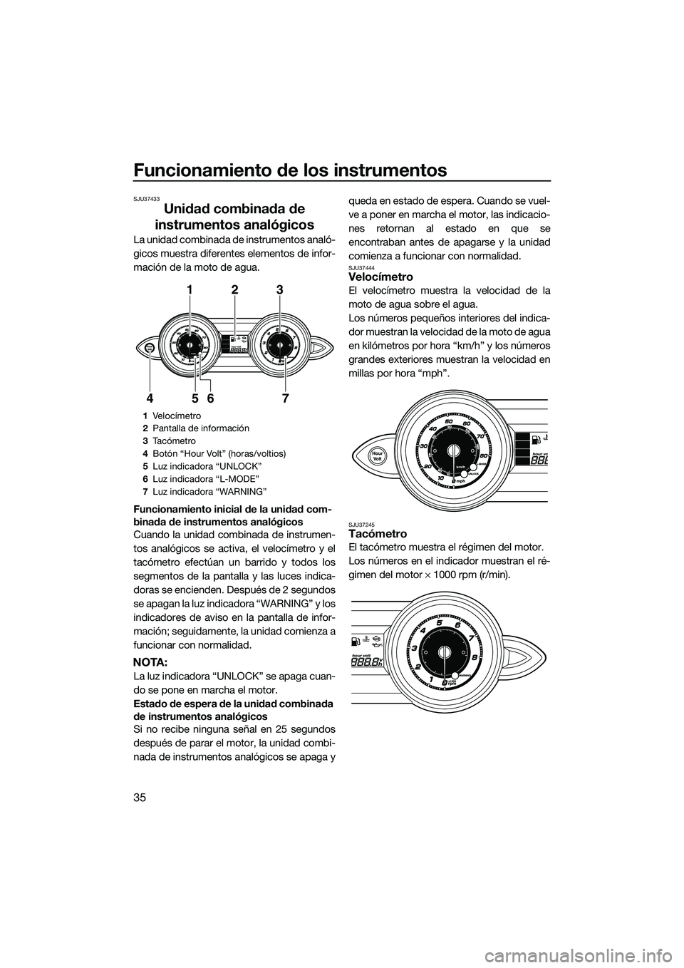 YAMAHA FZR SVHO 2014 Manuale de Empleo (in Spanish) Funcionamiento de los instrumentos
35
SJU37433
Unidad combinada de
instrumentos analógicos
La unidad combinada de instrumentos analó-
gicos muestra diferentes elementos de infor-
mación de la moto YAMAHA FZR SVHO 2014 Manuale de Empleo (in Spanish) Funcionamiento de los instrumentos
35
SJU37433
Unidad combinada de
instrumentos analógicos
La unidad combinada de instrumentos analó-
gicos muestra diferentes elementos de infor-
mación de la moto