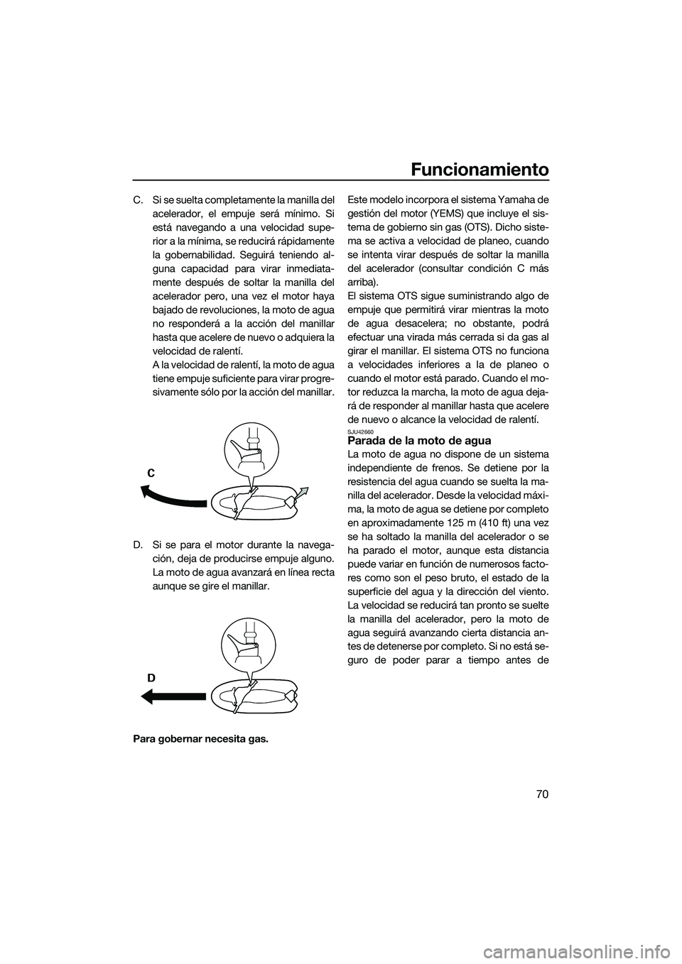 YAMAHA FZR SVHO 2014 Manuale de Empleo (in Spanish) Funcionamiento
70
C. Si se suelta completamente la manilla delacelerador, el empuje será mínimo. Si
está navegando a una velocidad supe-
rior a la mínima, se reducirá rápidamente
la gobernabilid YAMAHA FZR SVHO 2014 Manuale de Empleo (in Spanish) Funcionamiento
70
C. Si se suelta completamente la manilla delacelerador, el empuje será mínimo. Si
está navegando a una velocidad supe-
rior a la mínima, se reducirá rápidamente
la gobernabilid