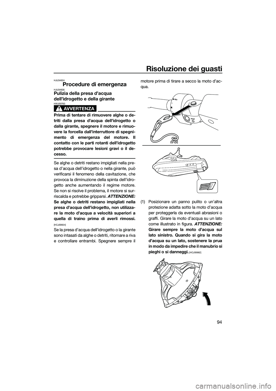 YAMAHA FZR SVHO 2014 Manuale duso (in Italian) Risoluzione dei guasti
94
HJU34624
Procedure di emergenzaHJU34635Pulizia della presa d’acqua
dell’idrogetto e della girante
AVVERTENZA
HWJ00783
Prima di tentare di rimuovere alghe o de-
triti dal YAMAHA FZR SVHO 2014 Manuale duso (in Italian) Risoluzione dei guasti
94
HJU34624
Procedure di emergenzaHJU34635Pulizia della presa d’acqua
dell’idrogetto e della girante
AVVERTENZA
HWJ00783
Prima di tentare di rimuovere alghe o de-
triti dal