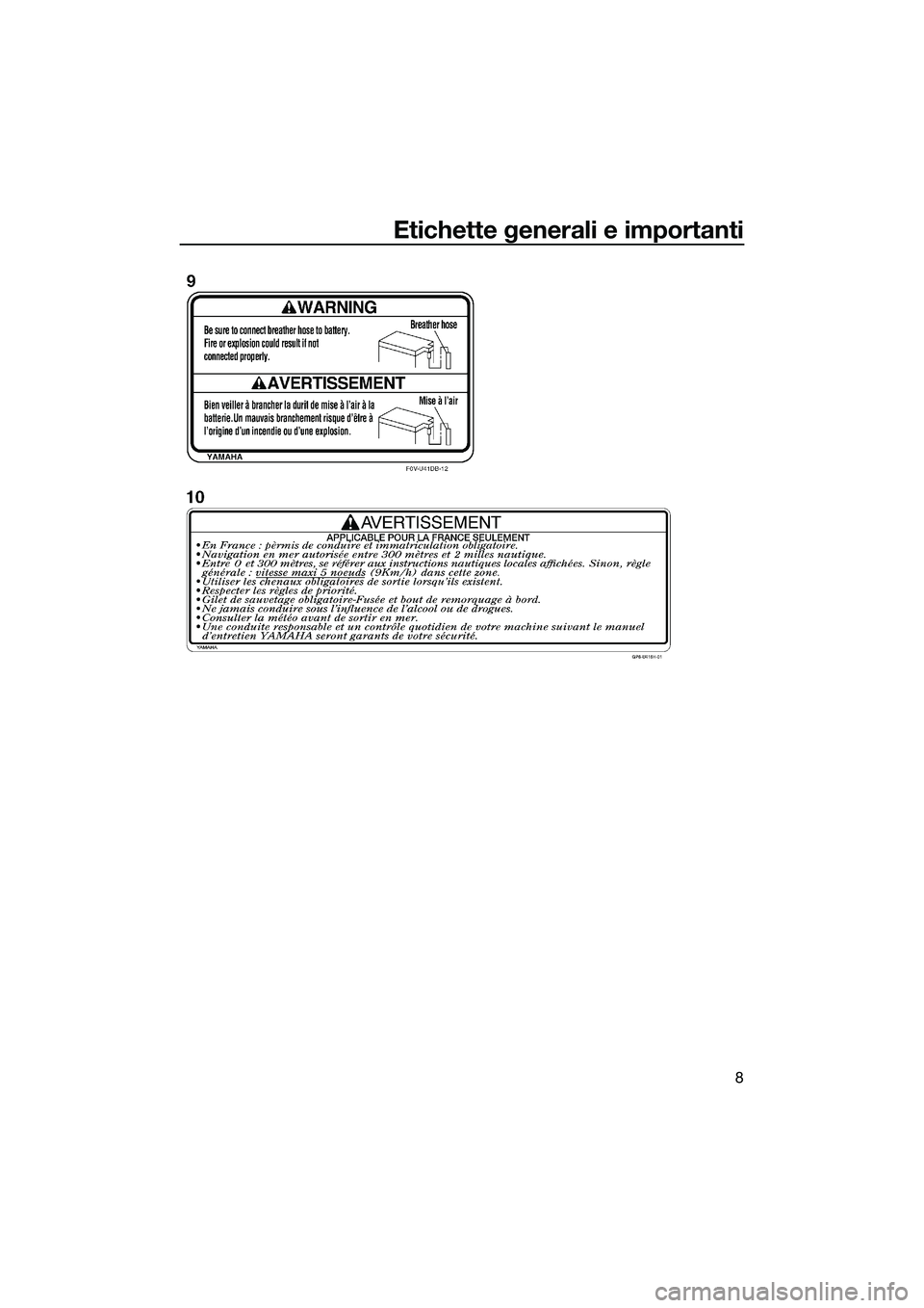 YAMAHA FZR SVHO 2014 Manuale duso (in Italian) Etichette generali e importanti
8
UF3L70H0.book Page 8 Wednesday, November 6, 2013 3:48 PM YAMAHA FZR SVHO 2014 Manuale duso (in Italian) Etichette generali e importanti
8
UF3L70H0.book Page 8 Wednesday, November 6, 2013 3:48 PM
