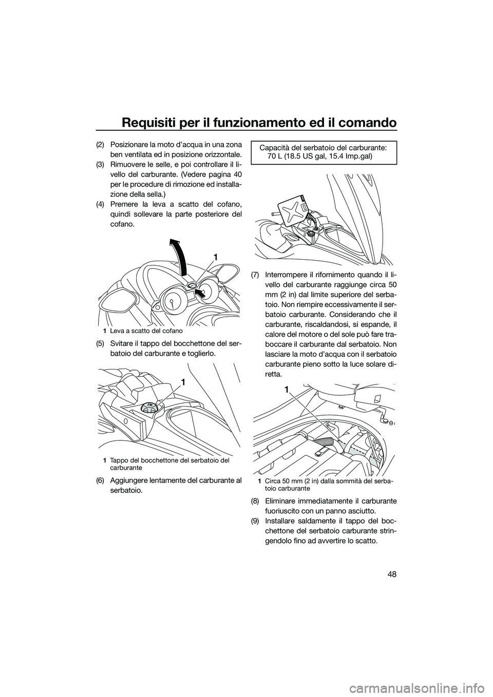 YAMAHA FZR SVHO 2014 Manuale duso (in Italian) Requisiti per il funzionamento ed il comando
48
(2) Posizionare la moto d’acqua in una zonaben ventilata ed in posizione orizzontale.
(3) Rimuovere le selle, e poi controllare il li- vello del carbu YAMAHA FZR SVHO 2014 Manuale duso (in Italian) Requisiti per il funzionamento ed il comando
48
(2) Posizionare la moto d’acqua in una zonaben ventilata ed in posizione orizzontale.
(3) Rimuovere le selle, e poi controllare il li- vello del carbu