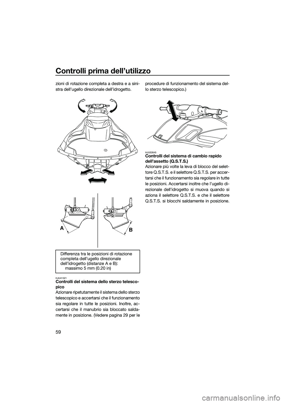 YAMAHA FZR SVHO 2014 Manuale duso (in Italian) Controlli prima dell’utilizzo
59
zioni di rotazione completa a destra e a sini-
stra dell’ugello direzionale dell’idrogetto.
HJU41321Controlli del sistema dello sterzo telesco-
pico
Azionare rip YAMAHA FZR SVHO 2014 Manuale duso (in Italian) Controlli prima dell’utilizzo
59
zioni di rotazione completa a destra e a sini-
stra dell’ugello direzionale dell’idrogetto.
HJU41321Controlli del sistema dello sterzo telesco-
pico
Azionare rip