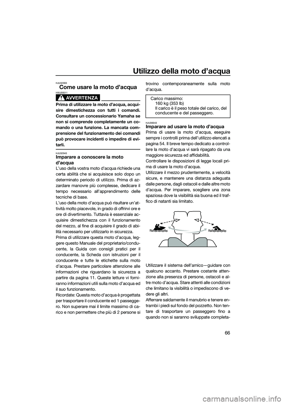 YAMAHA FZR SVHO 2014 Manuale duso (in Italian) Utilizzo della moto d’acqua
66
HJU32903
Come usare la moto d’acqua
AVVERTENZA
HWJ00511
Prima di utilizzare la moto d’acqua, acqui-
sire dimestichezza con tutti i comandi.
Consultare un concessio YAMAHA FZR SVHO 2014 Manuale duso (in Italian) Utilizzo della moto d’acqua
66
HJU32903
Come usare la moto d’acqua
AVVERTENZA
HWJ00511
Prima di utilizzare la moto d’acqua, acqui-
sire dimestichezza con tutti i comandi.
Consultare un concessio