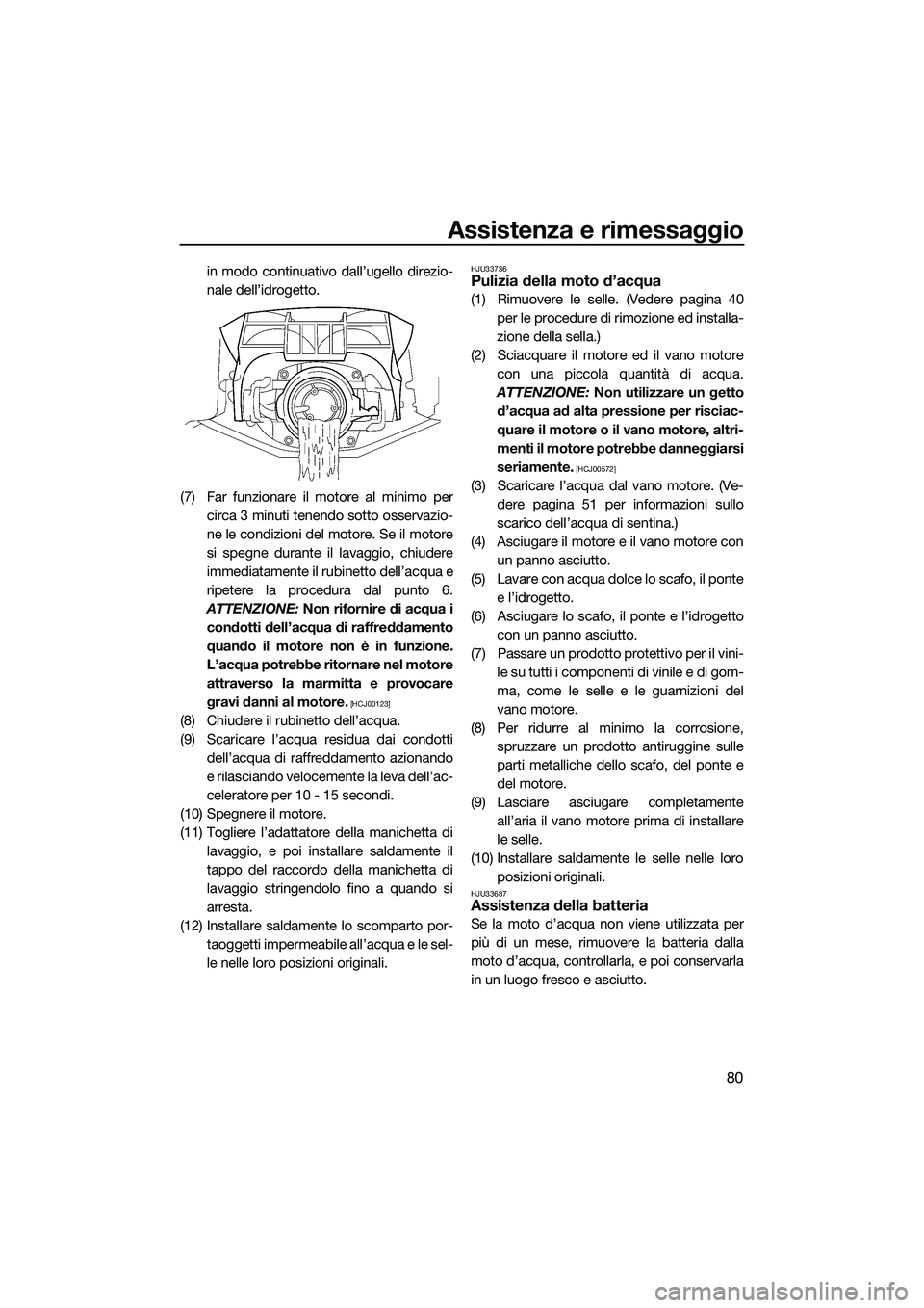 YAMAHA FZR SVHO 2014 Manuale duso (in Italian) Assistenza e rimessaggio
80
in modo continuativo dall’ugello direzio-
nale dell’idrogetto.
(7) Far funzionare il motore al minimo per circa 3 minuti tenendo sotto osservazio-
ne le condizioni del YAMAHA FZR SVHO 2014 Manuale duso (in Italian) Assistenza e rimessaggio
80
in modo continuativo dall’ugello direzio-
nale dell’idrogetto.
(7) Far funzionare il motore al minimo per circa 3 minuti tenendo sotto osservazio-
ne le condizioni del