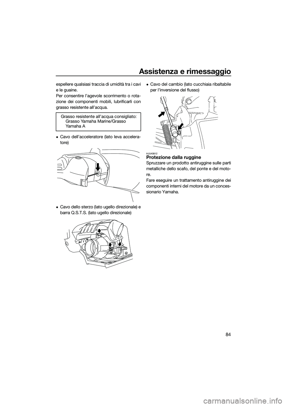 YAMAHA FZR SVHO 2014 Manuale duso (in Italian) Assistenza e rimessaggio
84
espellere qualsiasi traccia di umidità tra i cavi
e le guaine.
Per consentire l’agevole scorrimento o rota-
zione dei componenti mobili, lubrificarli con
grasso resisten YAMAHA FZR SVHO 2014 Manuale duso (in Italian) Assistenza e rimessaggio
84
espellere qualsiasi traccia di umidità tra i cavi
e le guaine.
Per consentire l’agevole scorrimento o rota-
zione dei componenti mobili, lubrificarli con
grasso resisten