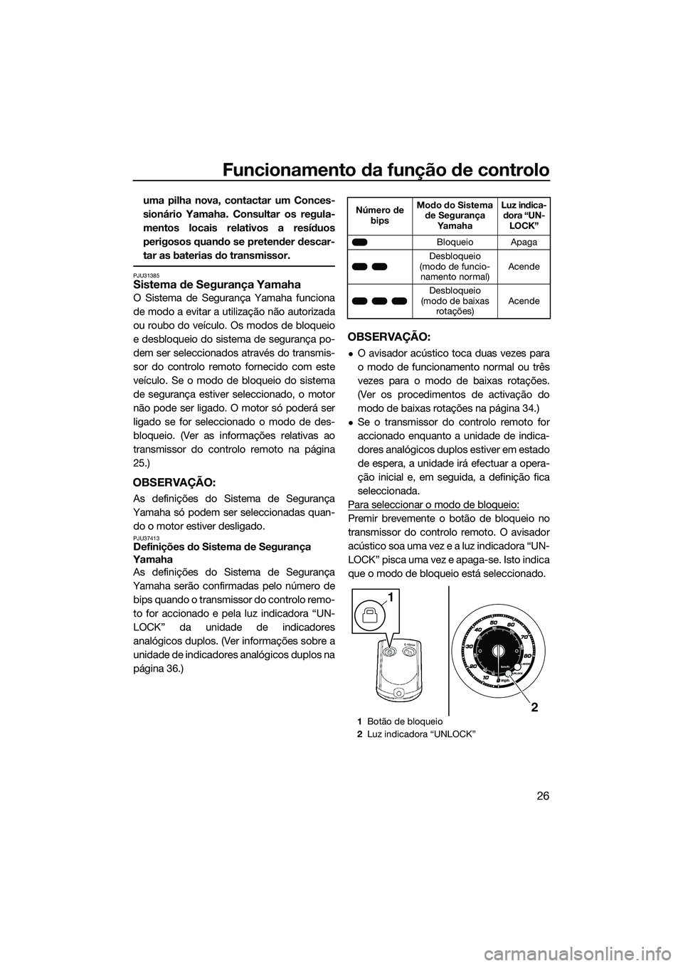 YAMAHA FZR SVHO 2014  Manual de utilização (in Portuguese) Funcionamento da função de controlo
26
uma pilha nova, contactar um Conces-
sionário Yamaha. Consultar os regula-
mentos locais relativos a resíduos
perigosos quando se pretender descar-
tar as ba