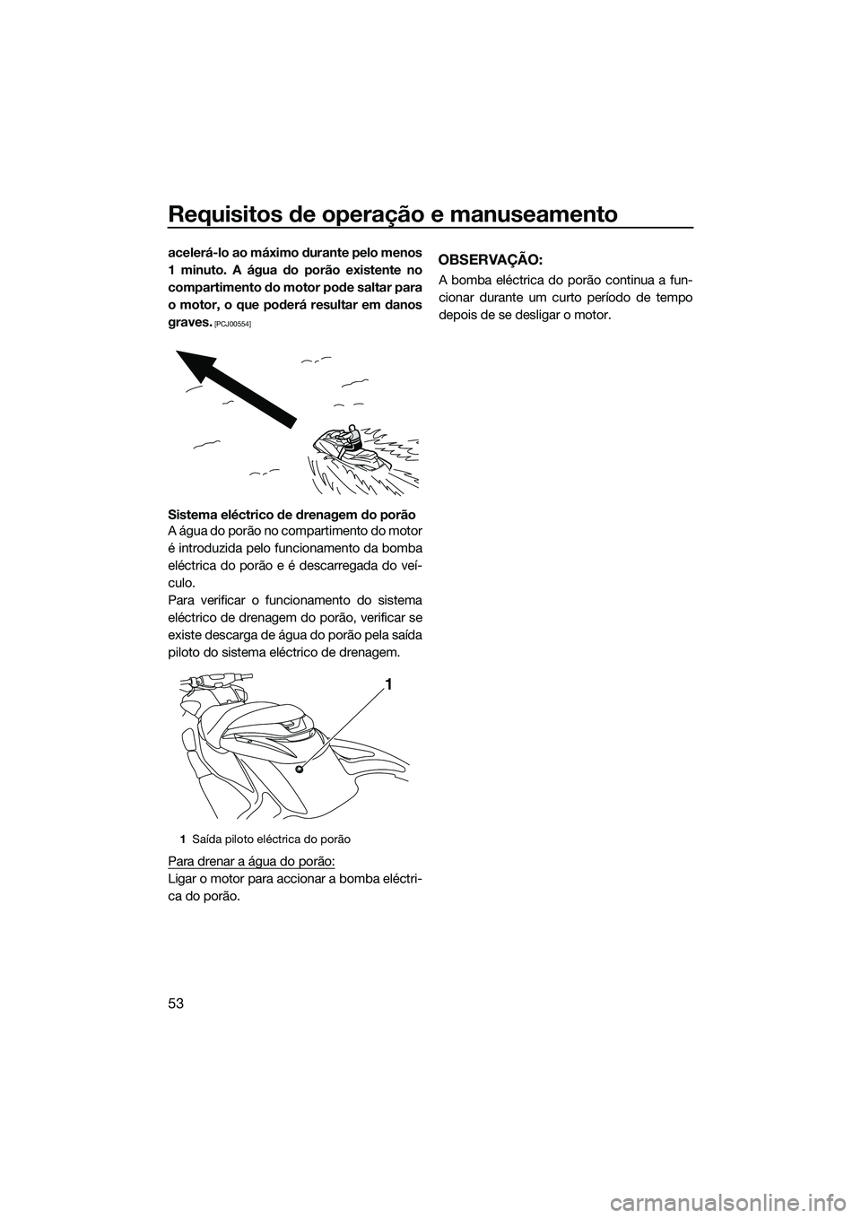 YAMAHA FZR SVHO 2014 Manual de utilização (in Portuguese) Requisitos de operação e manuseamento
53
acelerá-lo ao máximo durante pelo menos
1 minuto. A água do porão existente no
compartimento do motor pode saltar para
o motor, o que poderá resultar em YAMAHA FZR SVHO 2014 Manual de utilização (in Portuguese) Requisitos de operação e manuseamento
53
acelerá-lo ao máximo durante pelo menos
1 minuto. A água do porão existente no
compartimento do motor pode saltar para
o motor, o que poderá resultar em