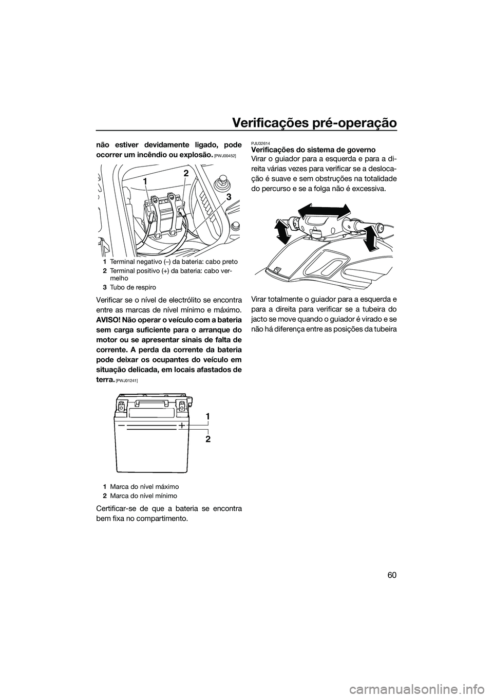 YAMAHA FZR SVHO 2014  Manual de utilização (in Portuguese) Verificações pré-operação
60
não estiver devidamente ligado, pode
ocorrer um incêndio ou explosão.
 [PWJ00452]
Verificar se o nível de electrólito se encontra
entre as marcas de nível míni