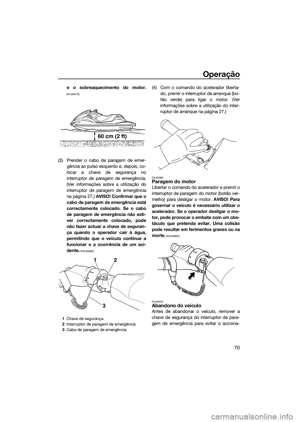 YAMAHA FZR SVHO 2014  Manual de utilização (in Portuguese) Operação
70
e o sobreaquecimento do motor.
[PCJ00473]
(3) Prender o cabo de paragem de emer-gência ao pulso esquerdo e, depois, co-
locar a chave de segurança no
interruptor de paragem de emergên