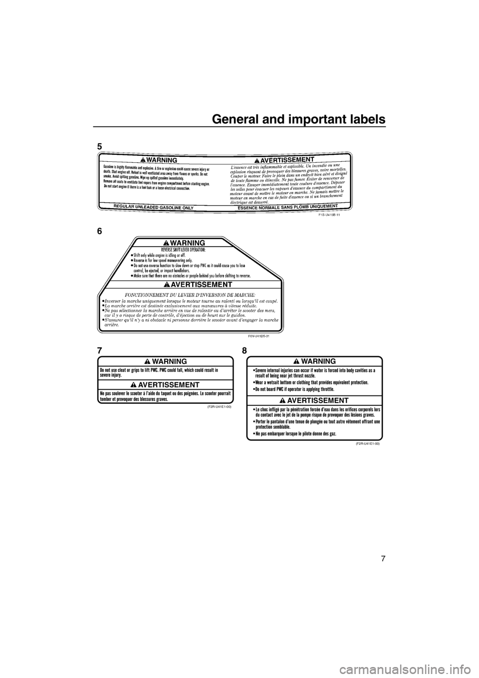 YAMAHA FZR SVHO 2013 User Guide General and important labels
7
WARNING
AVERTISSEMENT
WARNING
AVERTISSEMENT(F2R-U41E1-00)
(F2R-U41E1-00)
5
6
78
UF2R74E0.book Page 7 Wednesday, August 22, 2012 2:26 PM YAMAHA FZR SVHO 2013 User Guide General and important labels
7
WARNING
AVERTISSEMENT
WARNING
AVERTISSEMENT(F2R-U41E1-00)
(F2R-U41E1-00)
5
6
78
UF2R74E0.book Page 7 Wednesday, August 22, 2012 2:26 PM