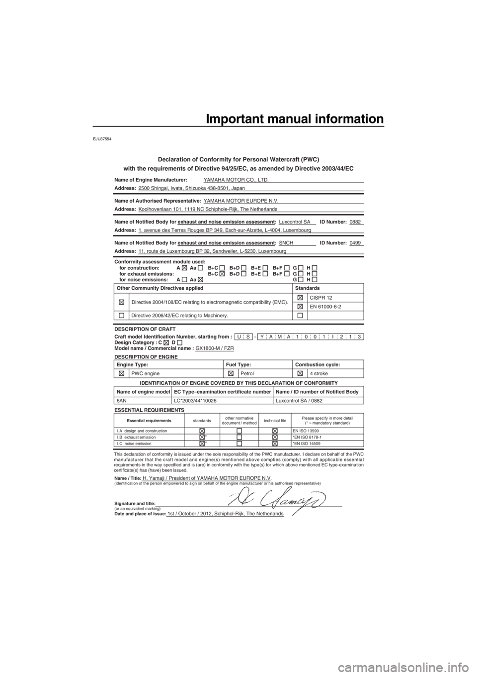 YAMAHA FZR SVHO 2013 Owners Manual Important manual information
EJU37554
Declaration of Conformity for Personal Watercraft (PWC)
with the requirements of Directive 94/25/EC, as amended by Directive 2003/44/EC
Name of Engine Manufacture YAMAHA FZR SVHO 2013 Owners Manual Important manual information
EJU37554
Declaration of Conformity for Personal Watercraft (PWC)
with the requirements of Directive 94/25/EC, as amended by Directive 2003/44/EC
Name of Engine Manufacture