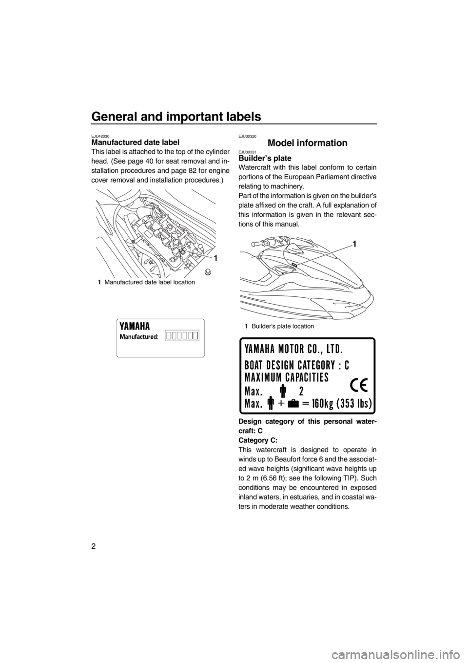 YAMAHA FZR SVHO 2013  Owners Manual General and important labels
2
EJU42030Manufactured date label 
This label is attached to the top of the cylinder
head. (See page 40 for seat removal and in-
stallation procedures and page 82 for engi