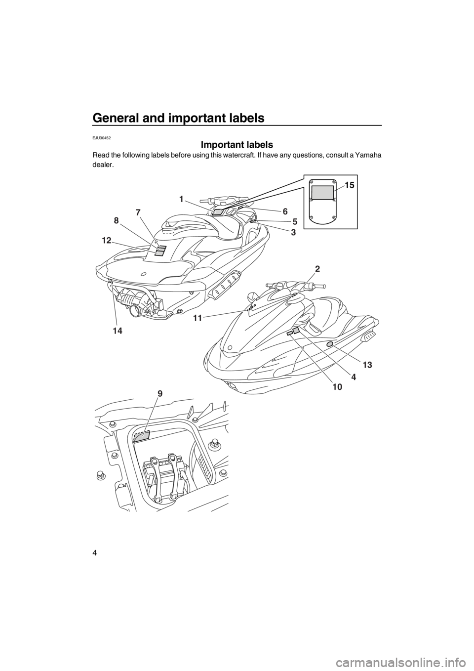 YAMAHA FZR SVHO 2013  Owners Manual General and important labels
4
EJU30452
Important labels 
Read the following labels before using this watercraft. If have any questions, consult a Yamaha
dealer.
1
5
3
4
10 6
87
12
1411
13
2
9
15
UF2R