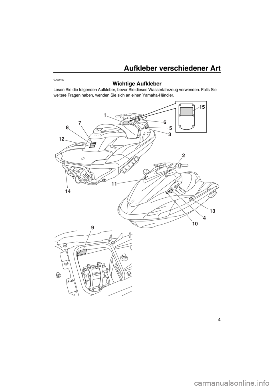 YAMAHA FZR SVHO 2013 Betriebsanleitungen (in German) Aufkleber verschiedener Art
4
GJU30452
Wichtige Aufkleber
Lesen Sie die folgenden Aufkleber, bevor Sie dieses Wasserfahrzeug verwenden. Falls Sie
weitere Fragen haben, wenden Sie sich an einen Yamah YAMAHA FZR SVHO 2013 Betriebsanleitungen (in German) Aufkleber verschiedener Art
4
GJU30452
Wichtige Aufkleber
Lesen Sie die folgenden Aufkleber, bevor Sie dieses Wasserfahrzeug verwenden. Falls Sie
weitere Fragen haben, wenden Sie sich an einen Yamah