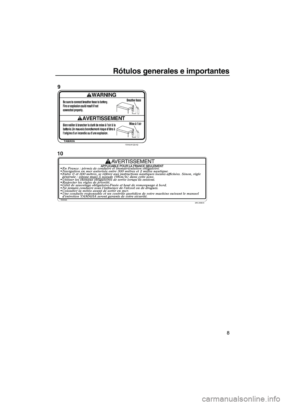 YAMAHA FZR SVHO 2013 Manuale de Empleo (in Spanish) Rótulos generales e importantes
8
UF2R74S0.book Page 8 Friday, August 10, 2012 1:32 PM YAMAHA FZR SVHO 2013 Manuale de Empleo (in Spanish) Rótulos generales e importantes
8
UF2R74S0.book Page 8 Friday, August 10, 2012 1:32 PM