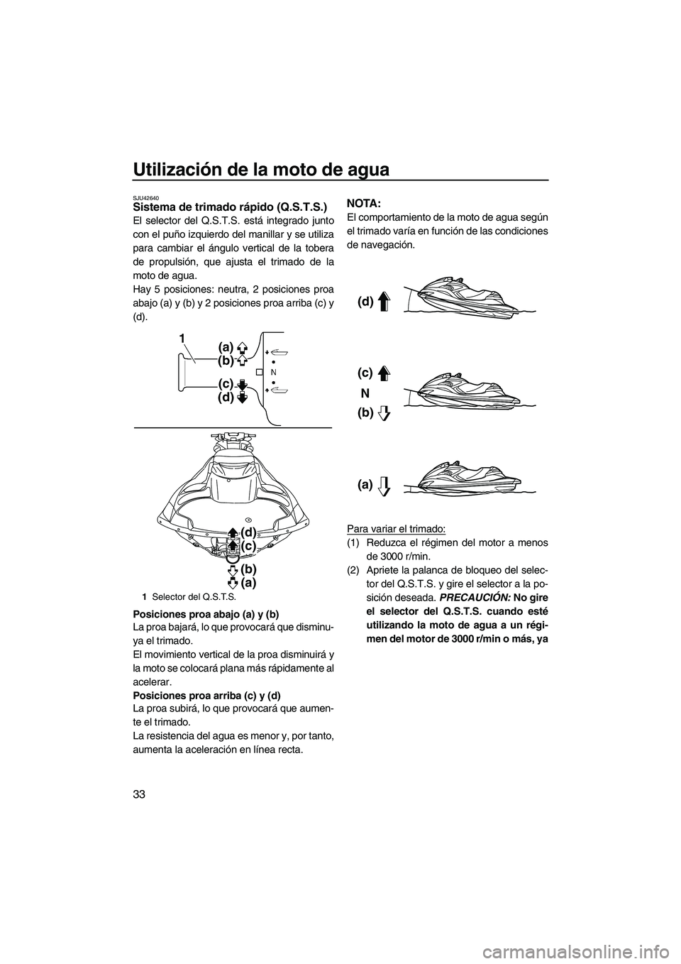 YAMAHA FZR SVHO 2013 Manuale de Empleo (in Spanish) Utilización de la moto de agua
33
SJU42640Sistema de trimado rápido (Q.S.T.S.)
El selector del Q.S.T.S. está integrado junto
con el puño izquierdo del manillar y se utiliza
para cambiar el ángul YAMAHA FZR SVHO 2013 Manuale de Empleo (in Spanish) Utilización de la moto de agua
33
SJU42640Sistema de trimado rápido (Q.S.T.S.)
El selector del Q.S.T.S. está integrado junto
con el puño izquierdo del manillar y se utiliza
para cambiar el ángul