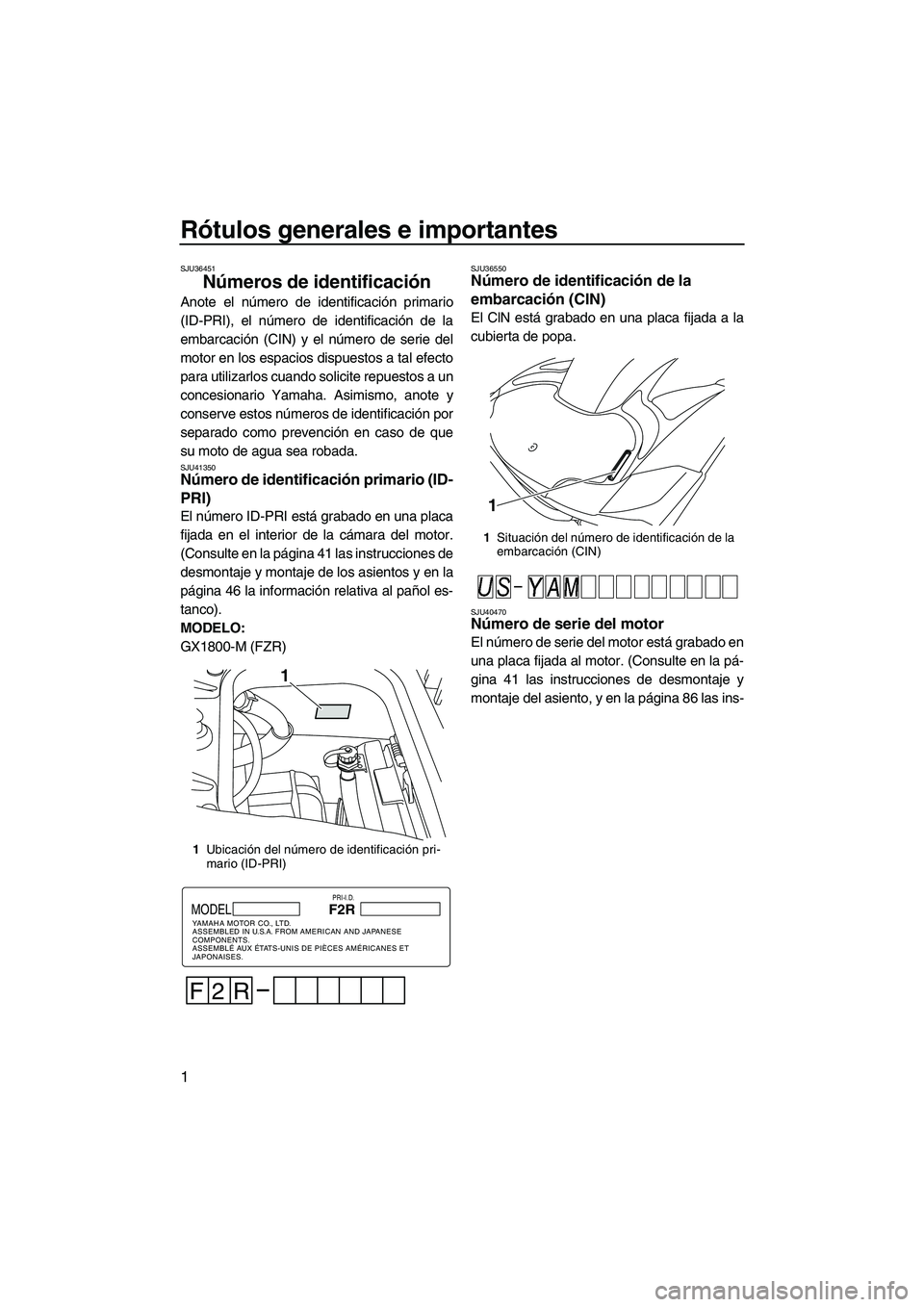 YAMAHA FZR SVHO 2013 Manuale de Empleo (in Spanish) Rótulos generales e importantes
1
SJU36451
Números de identificación
Anote el número de identificación primario
(ID-PRI), el número de identificación de la
embarcación (CIN) y el número de s YAMAHA FZR SVHO 2013 Manuale de Empleo (in Spanish) Rótulos generales e importantes
1
SJU36451
Números de identificación
Anote el número de identificación primario
(ID-PRI), el número de identificación de la
embarcación (CIN) y el número de s