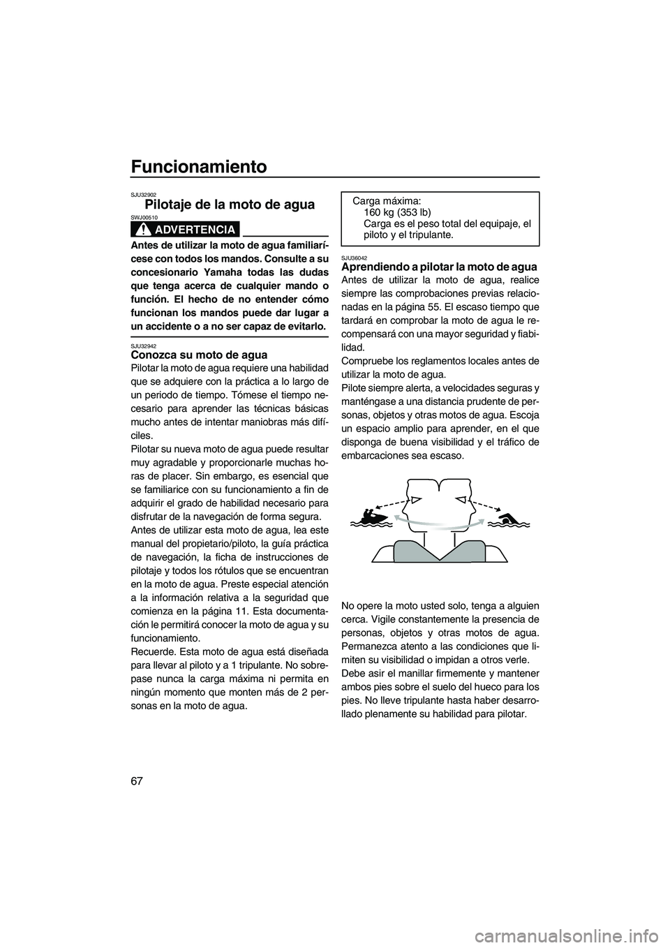 YAMAHA FZR SVHO 2013 Manuale de Empleo (in Spanish) Funcionamiento
67
SJU32902
Pilotaje de la moto de agua
ADVERTENCIA
SWJ00510
Antes de utilizar la moto de agua familiarí-
cese con todos los mandos. Consulte a su
concesionario Yamaha todas las dudas YAMAHA FZR SVHO 2013 Manuale de Empleo (in Spanish) Funcionamiento
67
SJU32902
Pilotaje de la moto de agua
ADVERTENCIA
SWJ00510
Antes de utilizar la moto de agua familiarí-
cese con todos los mandos. Consulte a su
concesionario Yamaha todas las dudas
