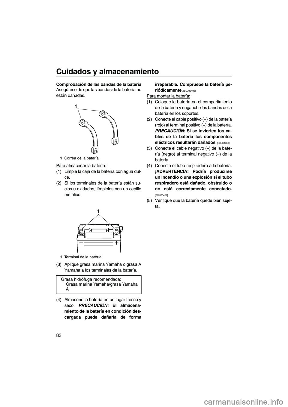YAMAHA FZR SVHO 2013 Manuale de Empleo (in Spanish) Cuidados y almacenamiento
83
Comprobación de las bandas de la batería
Asegúrese de que las bandas de la batería no
están dañadas.
Para almacenar la batería:
(1) Limpie la caja de la batería co YAMAHA FZR SVHO 2013 Manuale de Empleo (in Spanish) Cuidados y almacenamiento
83
Comprobación de las bandas de la batería
Asegúrese de que las bandas de la batería no
están dañadas.
Para almacenar la batería:
(1) Limpie la caja de la batería co