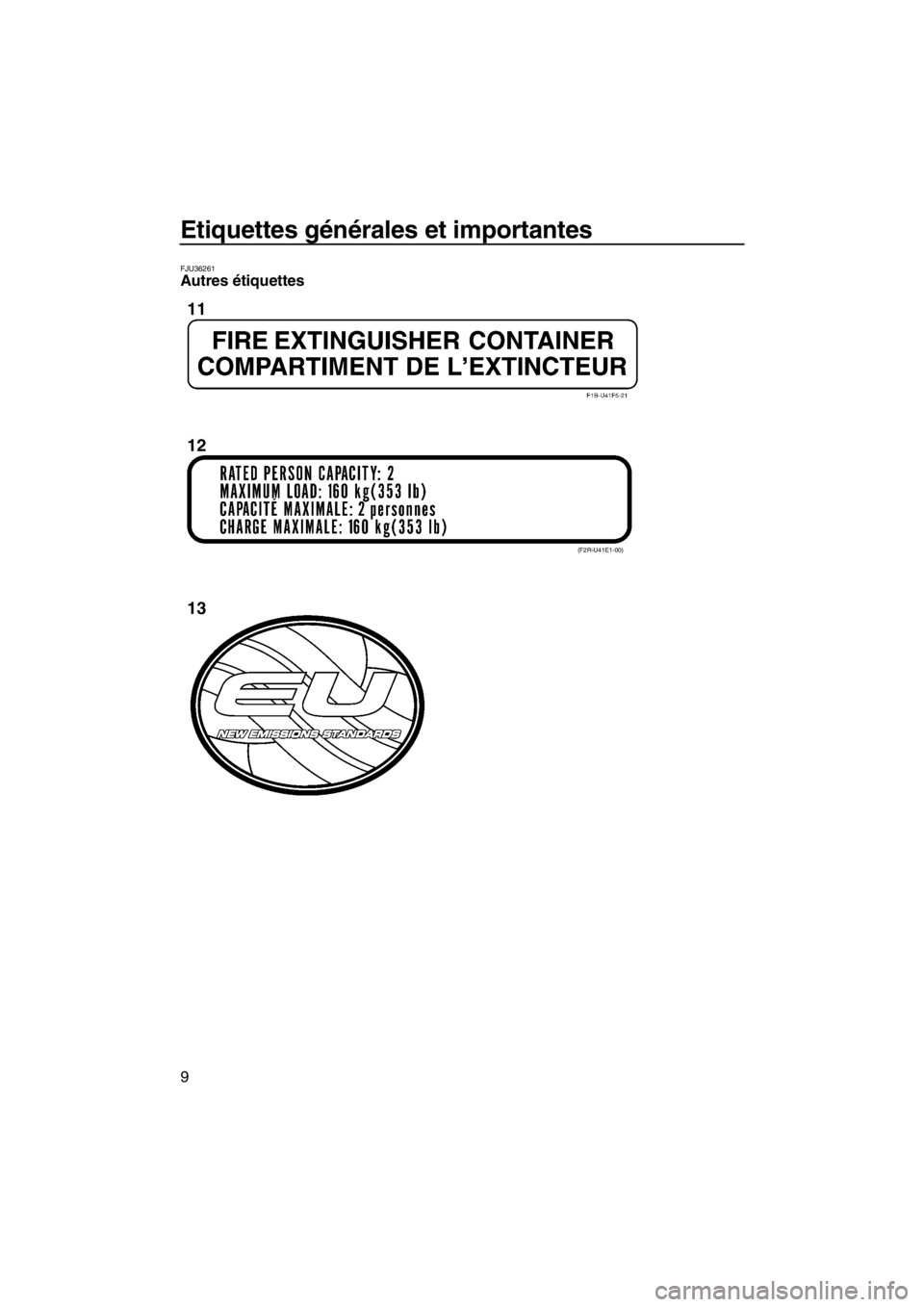 YAMAHA FZR SVHO 2013  Notices Demploi (in French) Etiquettes générales et importantes
9
FJU36261Autres étiquettes 
(F2R-U41E1-00)
11
12
13
UF2R74F0.book  Page 9  Friday, August 10, 2012  11:18 AM 