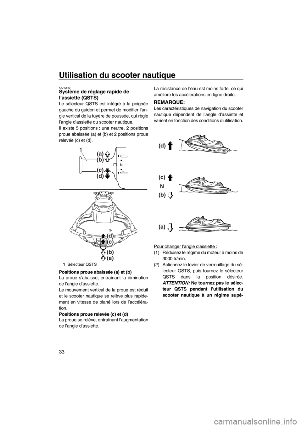 YAMAHA FZR SVHO 2013  Notices Demploi (in French) Utilisation du scooter nautique
33
FJU42640Système de réglage rapide de 
l’assiette (QSTS) 
Le sélecteur QSTS est intégré à la poignée
gauche du guidon et permet de modifier l’an-
gle verti