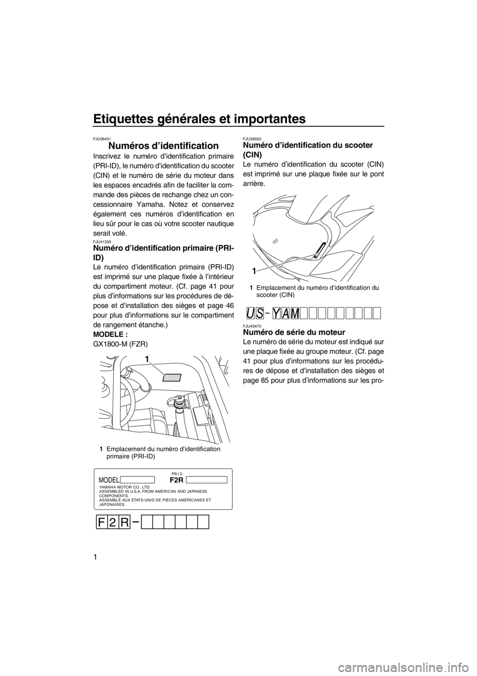 YAMAHA FZR SVHO 2013  Notices Demploi (in French) Etiquettes générales et importantes
1
FJU36451
Numéros d’identification 
Inscrivez le numéro d’identification primaire
(PRI-ID), le numéro d’identification du scooter
(CIN) et le numéro de