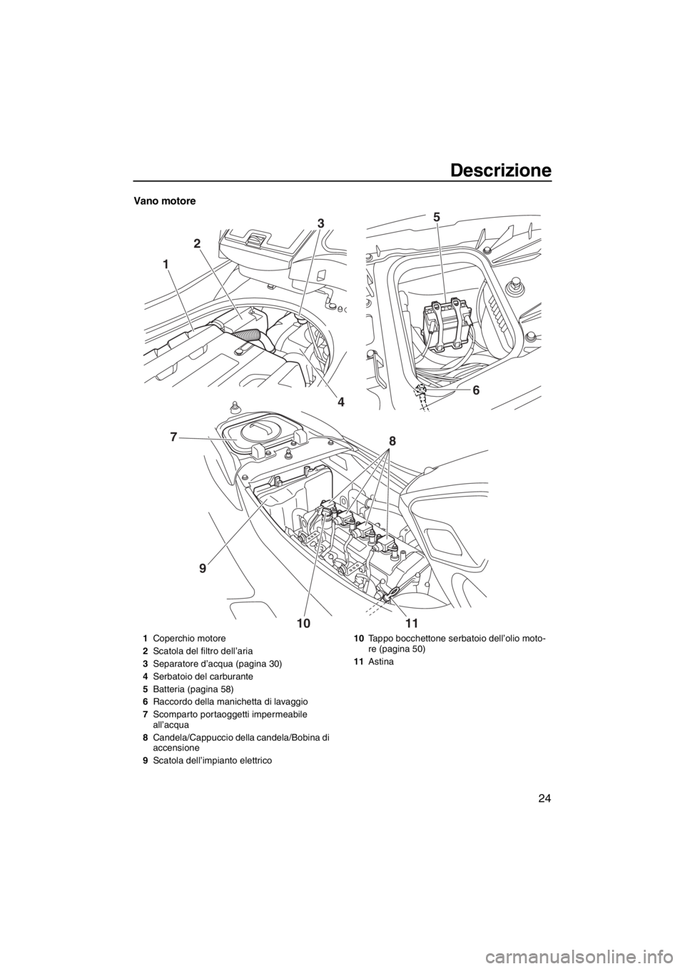 YAMAHA FZR SVHO 2013 Manuale duso (in Italian) Descrizione
24
Vano motore
123
46 5
10 11
8
97
1Coperchio motore
2Scatola del filtro dell’aria
3Separatore d’acqua (pagina 30)
4Serbatoio del carburante
5Batteria (pagina 58)
6Raccordo della manic YAMAHA FZR SVHO 2013 Manuale duso (in Italian) Descrizione
24
Vano motore
123
46 5
10 11
8
97
1Coperchio motore
2Scatola del filtro dell’aria
3Separatore d’acqua (pagina 30)
4Serbatoio del carburante
5Batteria (pagina 58)
6Raccordo della manic