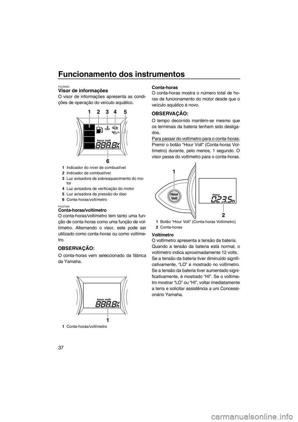 YAMAHA FZR SVHO 2013  Manual de utilização (in Portuguese) Funcionamento dos instrumentos
37
PJU35024Visor de informações 
O visor de informações apresenta as condi-
ções de operação do veículo aquático.
PJU37264Conta-horas/voltímetro 
O conta-hora