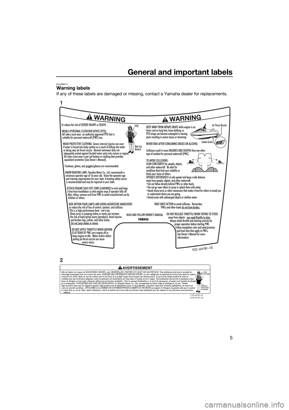 YAMAHA FZS 2015 User Guide General and important labels
5
EJU35914Warning labels
If any of these labels are damaged or missing, contact a Yamaha dealer for replacements.
F1B-U41B1-21
F2S-U41B1-20
1
2
UF3K71E0.book Page 5 Mon YAMAHA FZS 2015 User Guide General and important labels
5
EJU35914Warning labels
If any of these labels are damaged or missing, contact a Yamaha dealer for replacements.
F1B-U41B1-21
F2S-U41B1-20
1
2
UF3K71E0.book Page 5 Mon