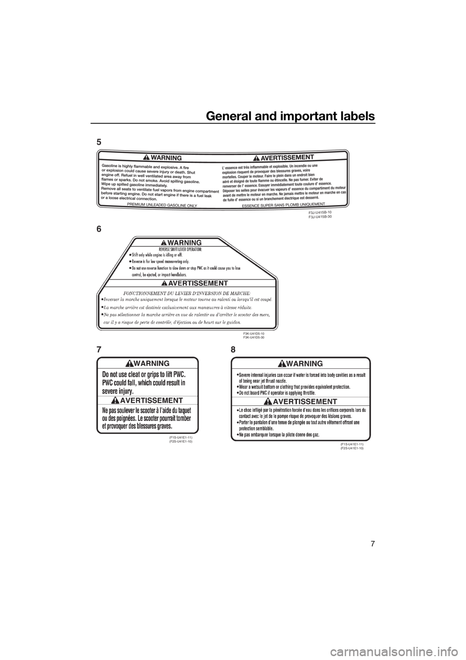 YAMAHA FZS 2015 User Guide General and important labels
7
F3J-U415B-10
F3J-U415B-30
(F1S-U41E1-11)
(F2S-U41E1-10)(F1S-U41E1-11)
(F2S-U41E1-10)
F3K-U41D5-10
F3K-U41D5-30
5
6
78
UF3K71E0.book Page 7 Monday, August 18, 2014 YAMAHA FZS 2015 User Guide General and important labels
7
F3J-U415B-10
F3J-U415B-30
(F1S-U41E1-11)
(F2S-U41E1-10)(F1S-U41E1-11)
(F2S-U41E1-10)
F3K-U41D5-10
F3K-U41D5-30
5
6
78
UF3K71E0.book Page 7 Monday, August 18, 2014