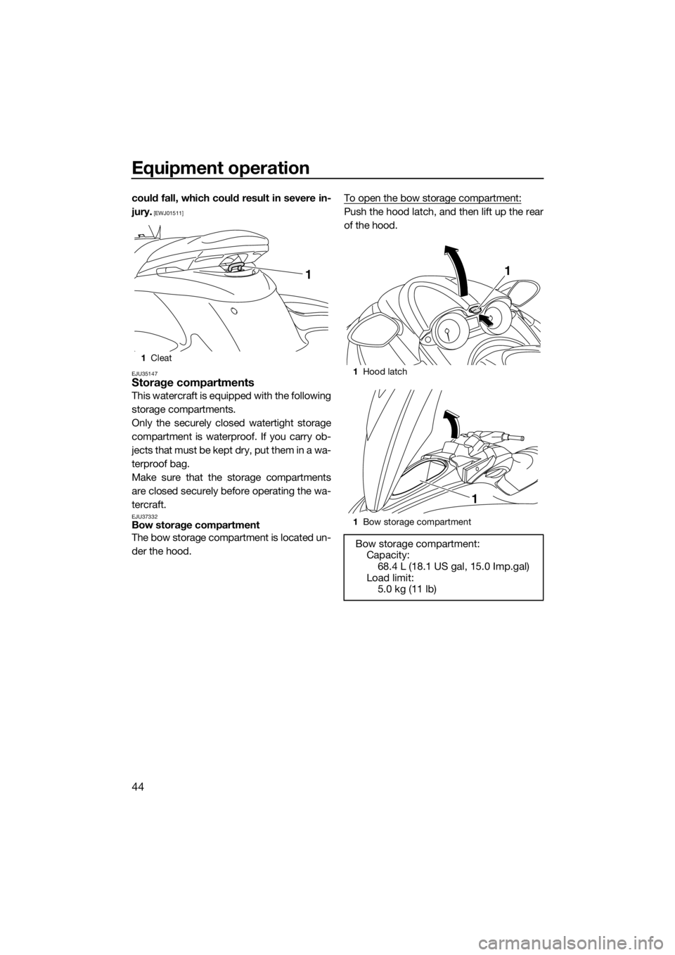 YAMAHA FZS 2015 Service Manual Equipment operation
44
could fall, which could result in severe in-
jury.
 [EWJ01511]
EJU35147
Storage compartments
This watercraft is equipped with the following
storage compartments.
Only the secure